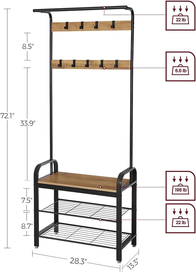 VASAGLE Coat Rack, Hall Tree with Shoe Bench for Entryway, Entryway Bench with Coat Rack, 4-in-1, with 9 Removable Hooks, a Hanging Rod, 13.3 x 28.3 x 72.1 Inches, Honey Brown and Black UHSR040B05
