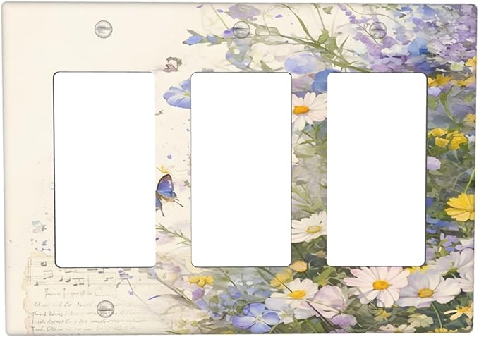 Decorative Outlet Covers Purple Flower Butterfly Yellow Daisy 3 Gang Gfci Wall Plate Triple Rocker Light Switch Cover Plate Switch Plate Covers for Bathroom Decor