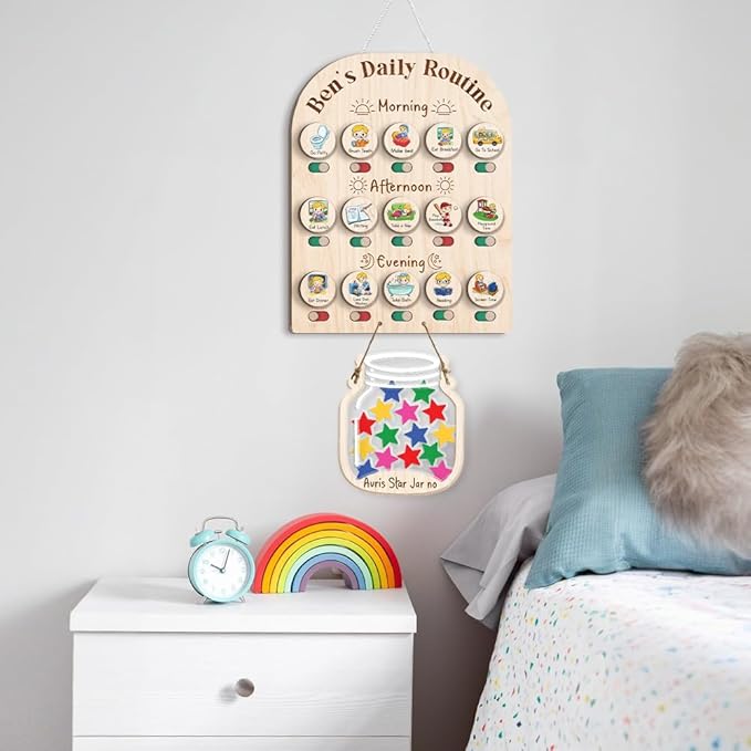 Personalized Wooden Daily Routine Chart with Stars Reward Jar, Visual Schedule, Routine Chart for Toddlers, Morning Bedtime Routine Chart