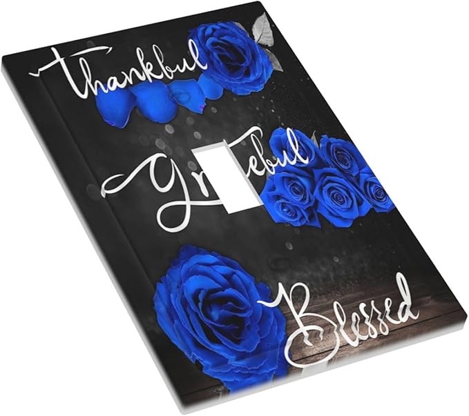 Light Switch Cover Blue Rose Thankful Grateful Blessed 1 Gang Wall Plate Cover Romantic Blue Floral Single Toggle Outlet Covers Decorative Switchplate Electrical Faceplate for Home Decor