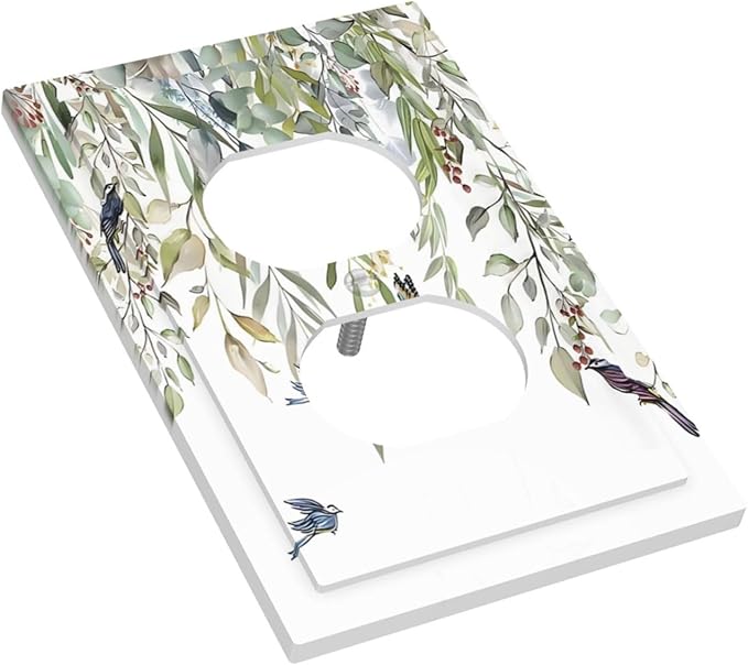 Green Leaf Eucalyptus Leaves Floral Bird Butterfly Outlet Covers 1 Gang Duplex Light Switch Cover Decorative Switch Plates Electrical Receptacle Faceplate Wall Plate for Bed Room Living Room Decor