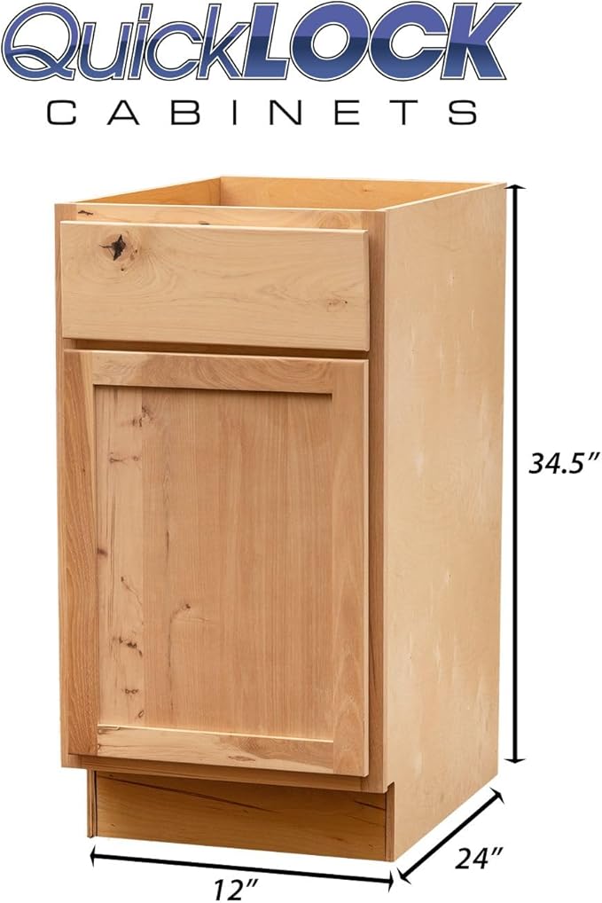 Quicklock RTA (Ready-to-Assemble) | Base Kitchen Cabinets - Shaker Style | Made in America (Raw Hickory, 12" Wx34.5 Hx24 D Base)