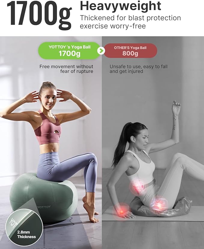 YOTTOY Anti-Burst Exercise Ball for Working Out, Yoga & Pregnancy, Extra Thick Workout Ball for Physical Therapy & Fitness