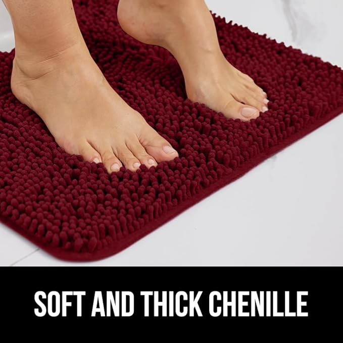GORILLA GRIP Bathroom Rug Sets 3 Piece, Bath Mat Set and Oval Toilet Base with Rubber Backing, Plush Absorbent Shaggy Chenille Washable Mats, Includes 24x19.5, 24x17 and 30x20 Inch Rugs, Burgundy