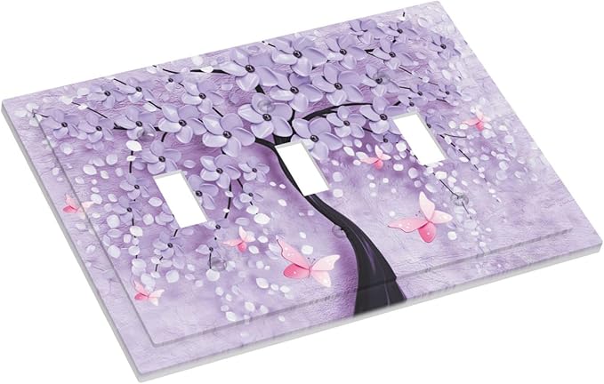 Light Switch Cover 3D Purple Tree 3 Gang Wall Plate Triple Light Switch Plate Toggle Decorative Outlet Covers Electrical Switchplate for Bathroom Bedroom Decor