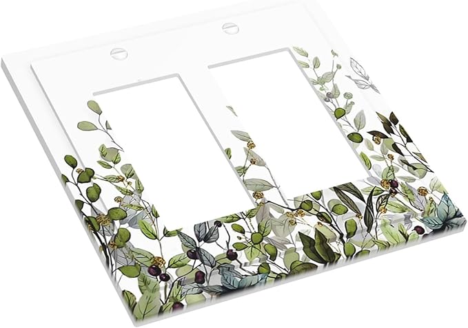 Watercolor Green Eucalyptus Leaves Plants Fruit Decorative Outlet Covers 2 Gang Double GFCI Rocker Electrical Wall Panels Light Switch Cover Plate for Bed Room Living Room Decor