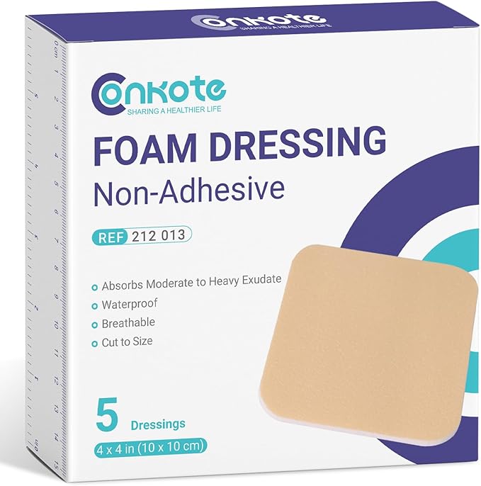 Conkote Foam Dressings Non-Adhesive Sterile for Exudating Wounds, FSA or HSA 4"x4" Highly Absorbent Waterproof Dressings for Wound Care, Ulcers, Post Op Trauma, Injuries, Burn, 5 Pack