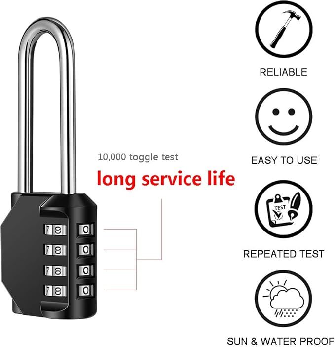2 Pack disecu 2.6 Inch Long Shackle Combination Lock, 4 Digit Outdoor Waterproof Padlock for School Gym Locker, Sports Locker, Storage Unit, Gate, Fence, Toolbox, Cabinet (Black and Silver)