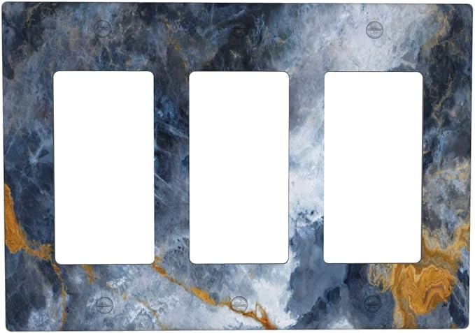 Decorative Outlet Covers Gold Dark Blue Gilt Haze Marble 3 Gang Gfci Wall Plate Triple Rocker Light Switch Cover Plate Switch Plate Covers for Bathroom Decor
