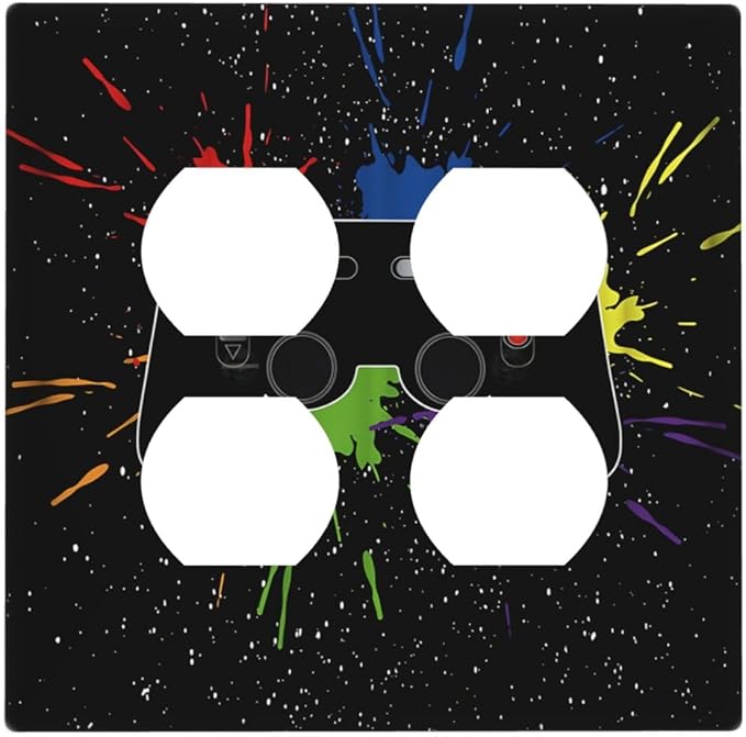 Classic Videogames Controller Black Splash Ink Colorful Outlet Covers 2 Gang Double Duplex Decorative Light Switch Covers Electrical Wallplates Socket Faceplate for Kids Room Nursery Decor