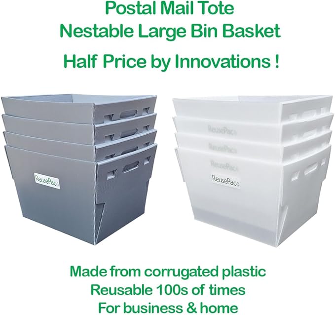 Postal Mail Tote Nestable Box, Storage Bin Container, Laundry Basket for Home and Business, Corrugated Plastic, Lightweight, Heavy Duty, Foldable,10 Gal (Sky Blue 6 Pack)
