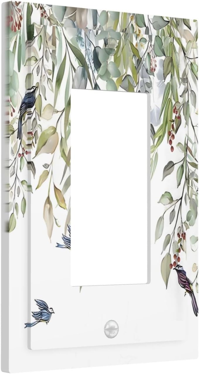 Green Leaf Eucalyptus Leaves Floral Bird Butterfly Decorative Outlet Covers 1 Gang Single Rocker Light Switch Cover Plate Wall Plates GFCI Faceplate for Bed Room Living Room Decor