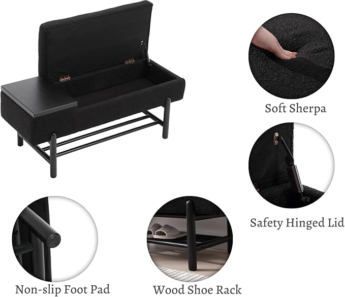 EALSON Modern Storage Bench for Bedroom End of Bed Sherpa Ottoman Bench with Storage Upholstered Entryway Bench with Wood Shoe Rack Farmhouse Long Seating Bench for Hallway/Foyer, Black