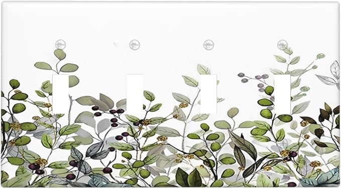 Watercolor Green Eucalyptus Leaves Plants Fruit Light Switch Covers Quad Toggle Electrical Faceplate 4 Gang Wall Plate Decorative Switch Plates for Bed Room Living Room Decor