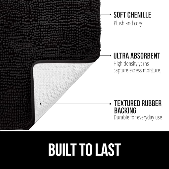 GORILLA GRIP Bathroom Rug Sets 3 Piece, Bath Mat Set and Oval Toilet Base with Rubber Backing, Plush Absorbent Shaggy Chenille Washable Mats, Includes 24x19.5, 24x17 and 36x24 Inch Rugs, Black