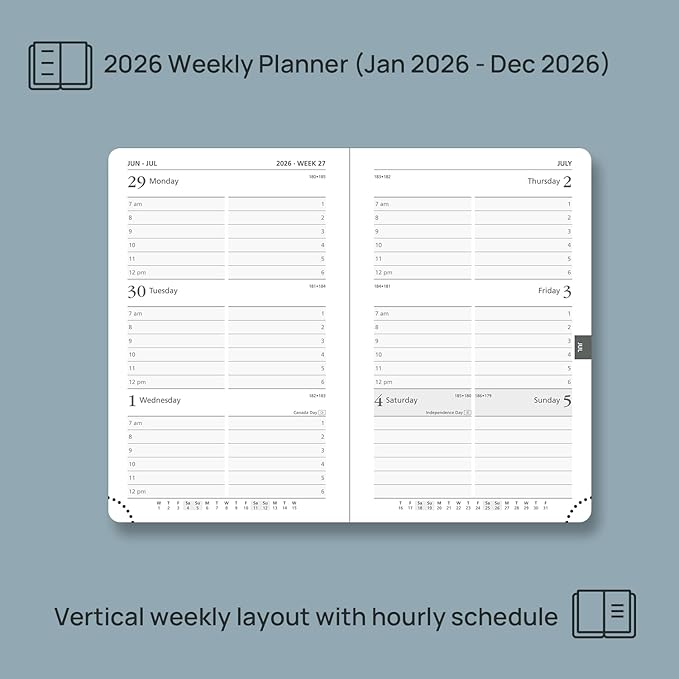 POPRUN 2026 Planner (Pocket Size 4''x 6.25'' Hardcover) - Small Calendar for Purse with Hourly Schedule & Vertical Weekly Layout, Monthly Calendars, 100 GSM - Haze Blue