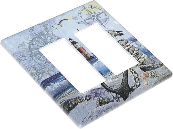 Outlet Covers Sea Ocean Sand Coast Compass Ship Lighthouse Anchor 2 Gang Wall Plate Double Rocker Light Switch Cover Decorative GFCI Receptacle Cover Electrical Switchplate for Bathroom Decor