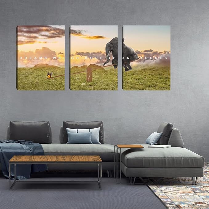 Motivational Canvas Wall Art Inspirational Quotes Poster Modern 3 Pieces Entrepreneur Office Wall Decoration Elephant Painting Decor for Bedroom Stretched and Framed Ready to Hang(60''Wx28''H)