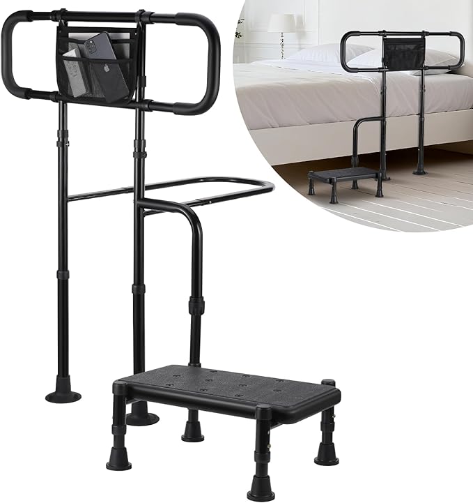 Bed Rails for Elderly Adults Safety, Step Stool with Handle for Ederly - Extended Bed Assist Rail for Seniors with Storage Bag - Adjustable Bed Side Rails Foot Stool, Fits Twin Full Queen King