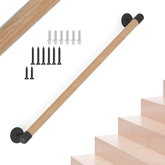 3FT Round Wooden Stair Handrail,Indoor Staircase Handrail,Wall Mount Support Stair Railings, Non-Slip Safety Corridor,Lofts,Patio,Guardrail,Home Wood Hand Railings for Elderly,Children,Disable People