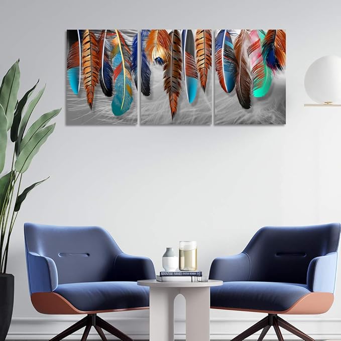 Yetaryy 3 Panels Canvas Wall Art Modern Wall Decor Landscape Color Feather Cool Painting Picture Print Poster Artwork Wall Decoration Home Decor for Living Room Dining Room Bedroom - 60" Wx28 H