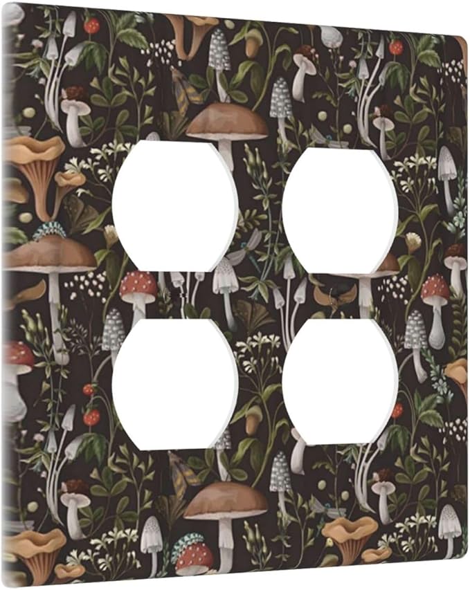 Vintage Boho Plant Mushroom Floral Leaf Outlet Covers 2-Gang Duplex Light Switch Cover Plate Decorative Gfci Wall Plate Electrical Receptacle Switchplate Plug Faceplate for Bathroom Decor
