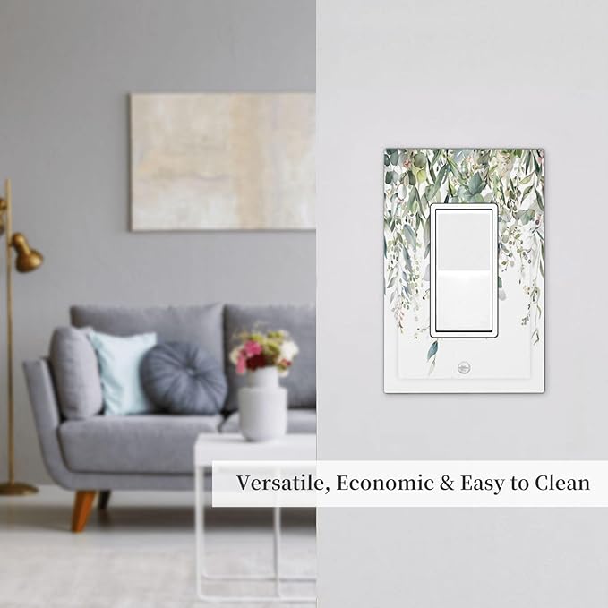 Sage Green Watercolor Eucalyptus Leaves Floral Flowers Decorative Outlet Covers 1 Gang Single Rocker Light Switch Cover Plate Wall Plates GFCI Faceplate for Farmhouse Bed Room Decor