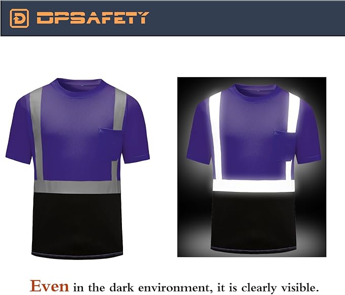 High Visibility Shirts Quick Dry Safety T Shirts with Reflective Strips and Pocket Short Sleeve Mesh Hi Vis Construction Work Class 2 Shirt for Men/Women Black Bottom Purple,Medium