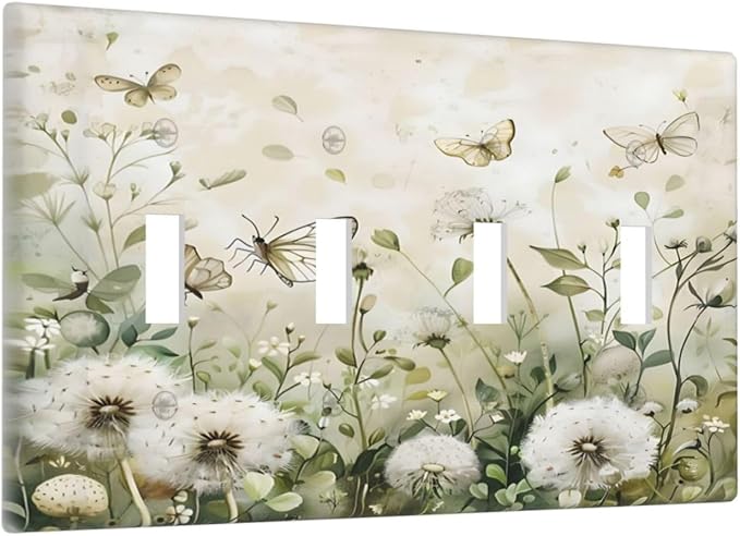 Dandelions Butterflies Watercolor Wildflowers Floral Light Switch Covers Quad Toggle Electrical Faceplate 4 Gang Wall Plate Decorative Switch Plates Cover for Bedroom Living Room Decor
