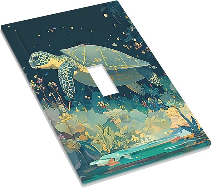 Decorative Light Switch Cover Fantasy Sea World Sea Turtle Floral Plant 1 Gang Single Toggle Device Electrical Faceplate Switchplates Decorator Outlet Wall Plate for Kids Room Nursery Decor