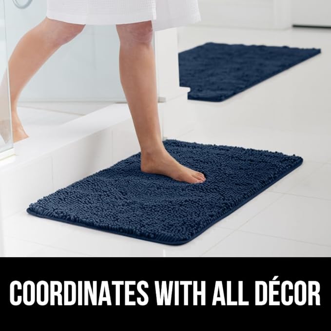 GORILLA GRIP Bath Rug Mat 48x24, Soft Absorbent Chenille, Quick Dry Microfiber Mats, Rubber Backing Washable Shower Floor Rugs, Bathmat Runner, US Designed Bathroom Home Decor Accessories Navy Blue