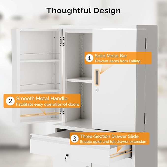 VINGLI 71'' Metal Kitchen Pantry Storage Cabinet with Drawer & 4 Doors, Cupboard with Adjustable Shelves for Kitchen Dining Living Room, Tall Freestanding Steel Locking Cabinet for Craft Room (White)
