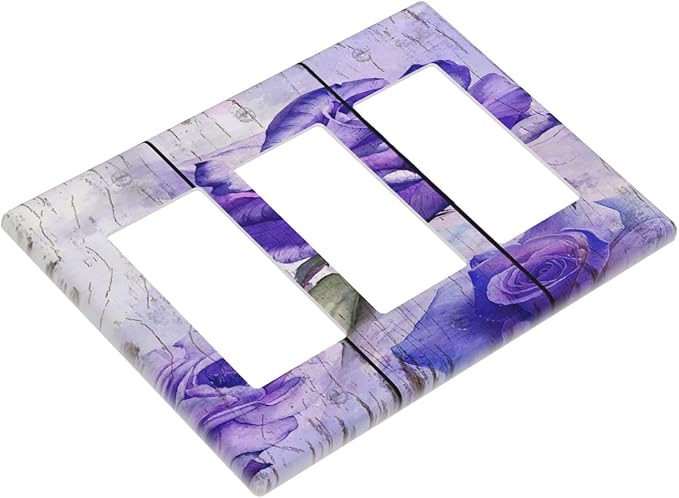 Light Switch Cover Purple Rose Flower Rustic Wood Plank 3 Gang Wall Plate Triple Light Switch Plate Rocker GFCI Outlet Covers Decorative Receptacle Cover for Farmhouse Bathroom Decor