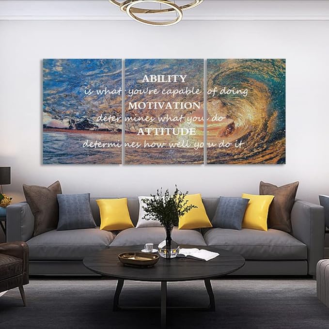 Unbruvo Motivational Wall Art for Office, 3 Pieces Canvas Painting with Inspirational Quotes, Ability Motivation Attitude Prints for Living Room Bedroom Study Room Decor (48" W x 24" H)
