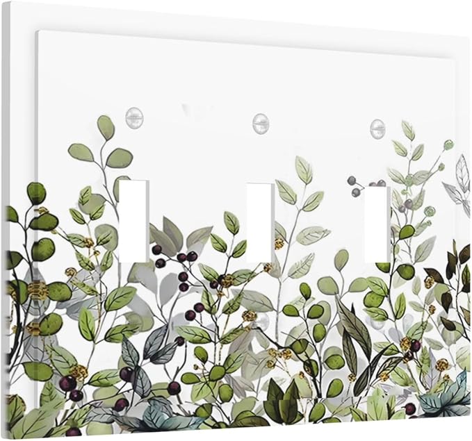 Watercolor Green Eucalyptus Leaves Plants Fruit Decorative Switch Plates 3 Gang Wall Plate Triple Toggle Light Switch Cover Faceplate Electrical Wall Panels for Bed Room Living Room Decor