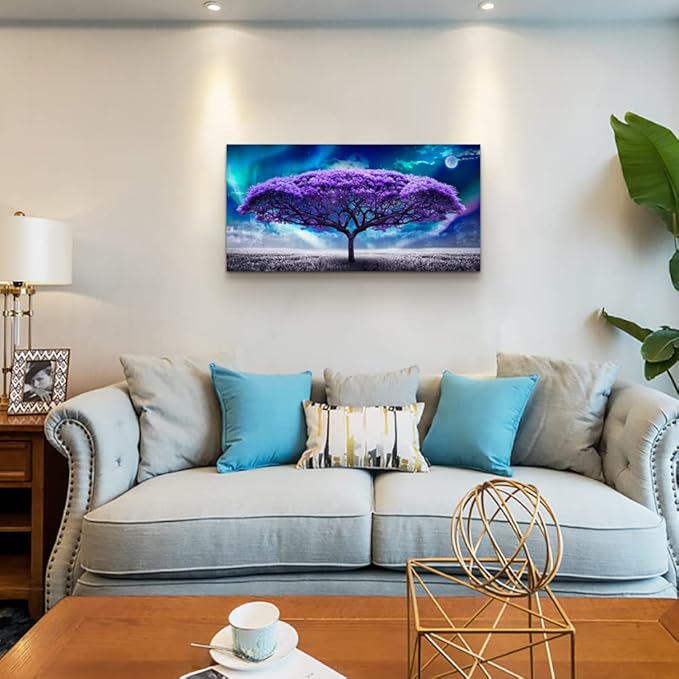 Lapremoly Canvas Wall Art For Living Room Large Size Farmhouse Decor Bedroom Purple Tree Abstract Scenery Pictures Artwork Prints Office Painting Dormitory Modern Home Decorations, 24x48inches