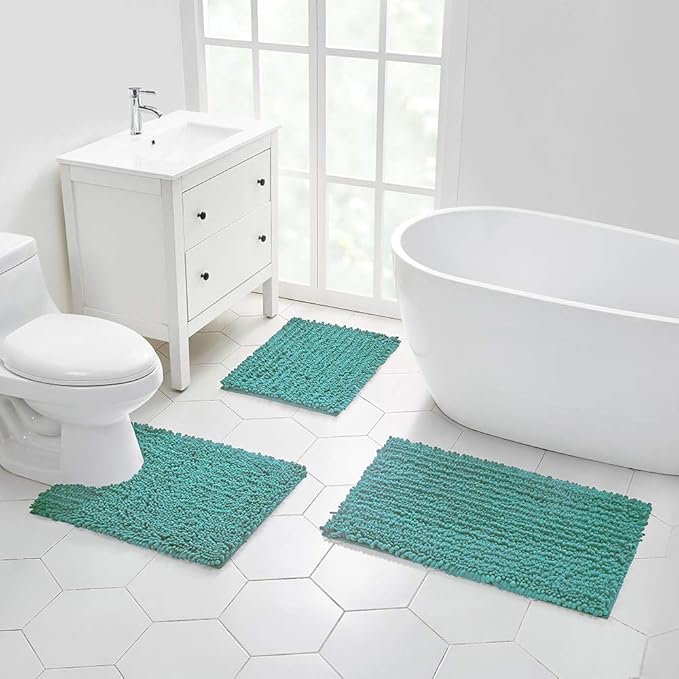 Walensee Bathroom Rug Non Slip Bath Mat (44x24 Inch Turquoise) Water Absorbent Super Soft Shaggy Chenille Machine Washable Dry Extra Thick Perfect Absorbant Best Large Plush Carpet for Shower Floor