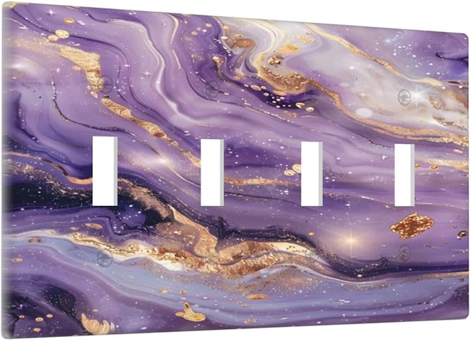 Luxury Marble Texture Purple And Gold Abstract Print Light Switch Covers Quad Toggle Electrical Faceplate 4 Gang Wall Plate Decorative Switch Plates Cover for Bathroom Home Decor