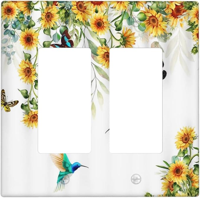 Yellow Sunflower Blue Hummingbird Butterfly Double Rocker/Decora Outlet Cover Rustic Farmhouse Floral Plant 2 Gang Light Switch Cover Decorative Gfci Wall Plate Electrical Switchplate for Home