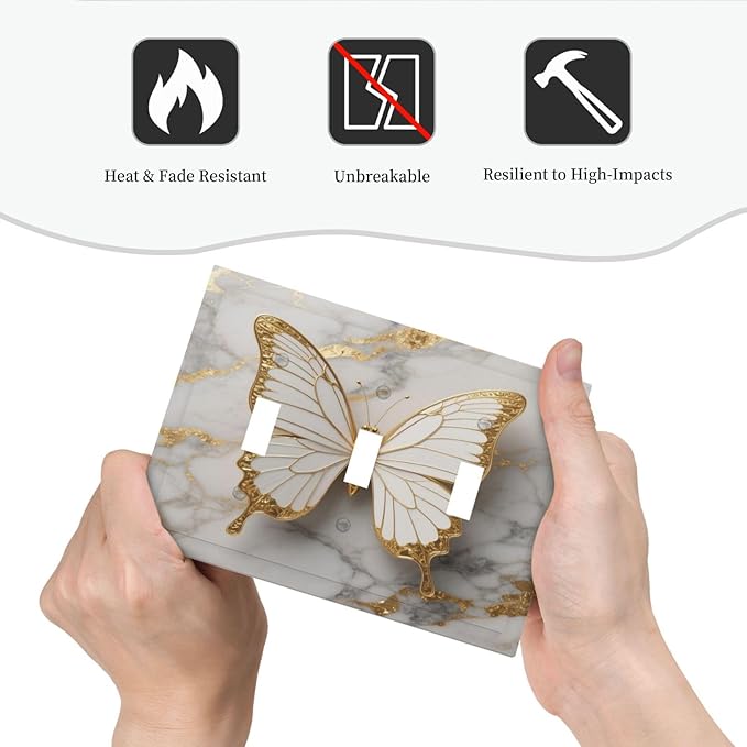 Gold Marble Shine Butterfly Abstract Modern Print Decorative Switch Plates 3 Gang Wall Plate Triple Toggle Light Switch Cover Faceplate Electrical Wall Panels for Bed Room Bathroom Decor