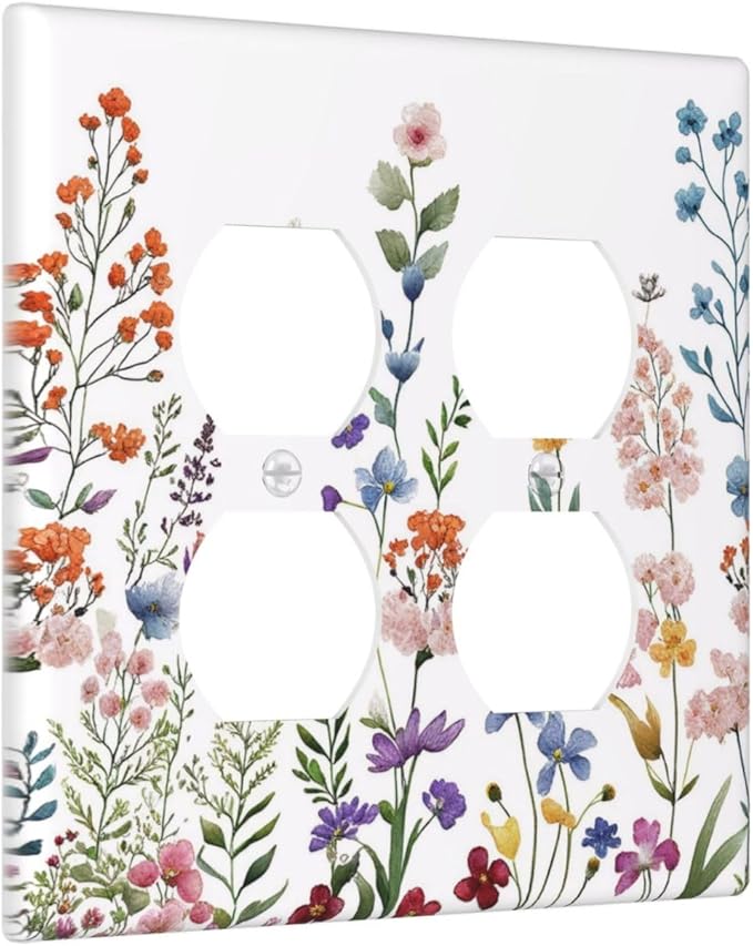 Rustic Wild Floral Vintage Colorful Flowers Outlet Covers 2-Gang Duplex Light Switch Covers Decorative Gfci Wall Plate Covers Electrical Receptacle Switchplate Plug Faceplate Bathroom Decor
