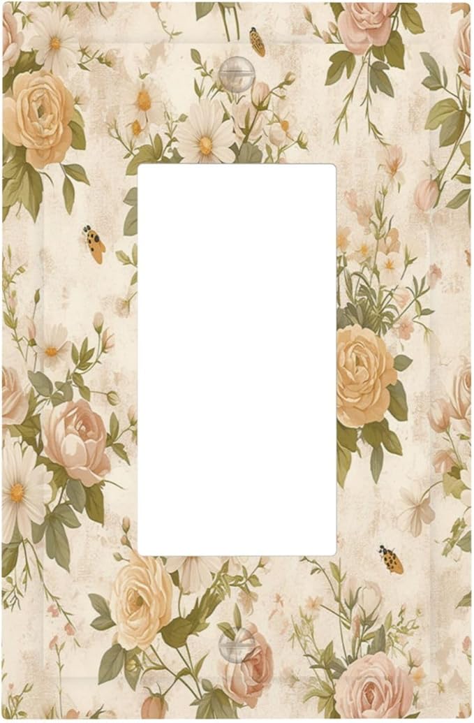 Decorative Outlet Covers Boho Vintage Roses Pink Red Yellow Bouquet Floral 1 Gang Single Rocker Light Switch Cover Plate Wall Plates GFCI Faceplate for Bedroom living Room Decor