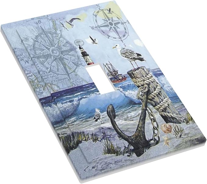 Light Switch Cover Sea Ocean Sand Coast Compass Ship Lighthouse Anchor 1 Gang Wall Plate Cover Single Toggle Outlet Covers Decorative Switchplate Electrical Faceplate for Bathroom Decor