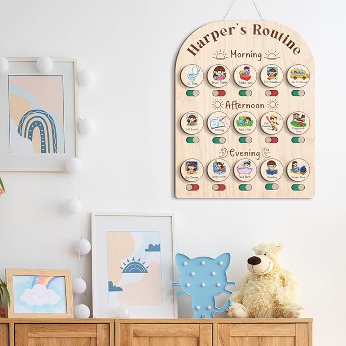 Personalized Wooden Daily Routine Chart, Visual Schedule, Routine Chart for Toddlers, Morning Bedtime Routine Chart for Toddlers (01)
