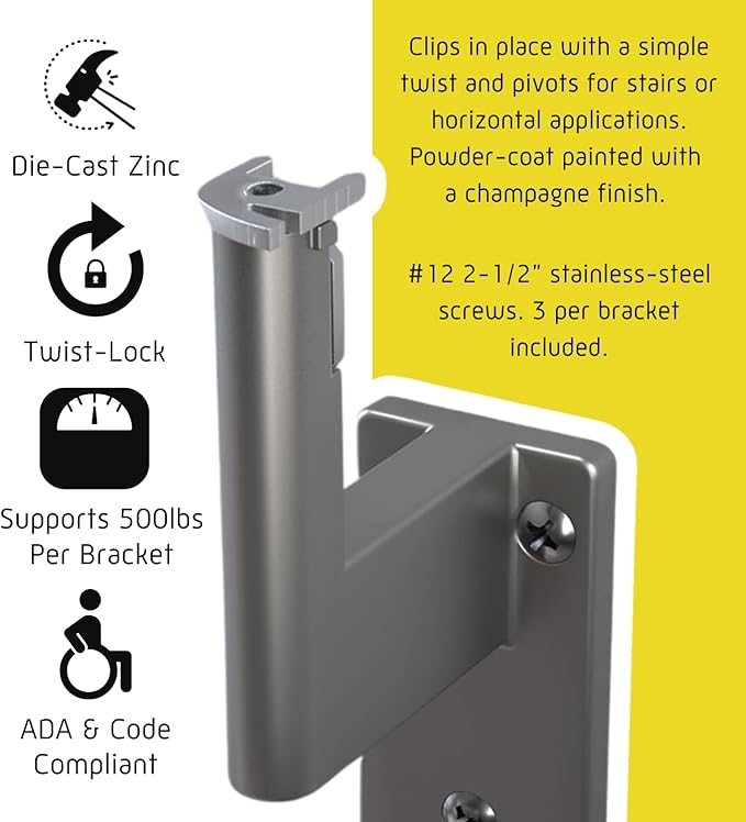 Promenaid 12ft ADA Handrail Kit - Champagne - Complete Indoor/Outdoor Handrail for Stairs - 1.6" Round Anodized Aluminum Railing with 6 Champagne Painted Pivoting Wall Brackets & ADA Wall Returns