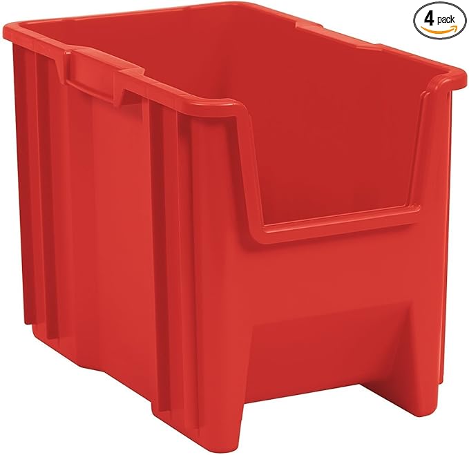 Akro-Mils 13014 Stak-N-Store Heavy Duty Stackable Open Front Plastic Storage Container Bin, (17-1/2-Inch x 11-Inch x 12-1/2-Inch), Red, (4-Pack)