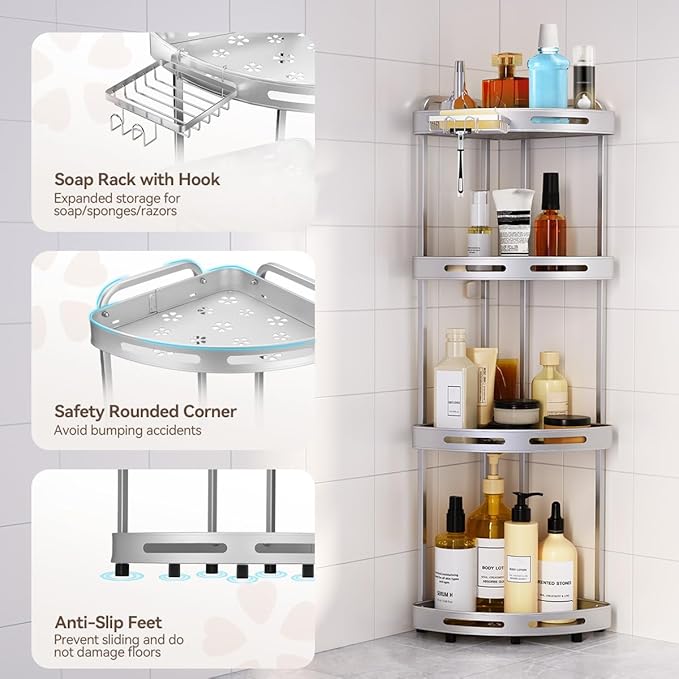 Corner Shower Caddy Standing, 3-Tier Rustproof Shower Organizer with Soap Holder, Aluminum Shower Shelf Stand for Bathroom Storage, Siver