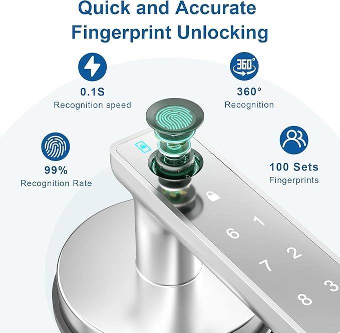 Fingerprint Door Lock, Fingerprint Door Knob Biometric Door Lock Smart Door Knob with App Control, Keyless Entry Door Lock with Handle for Home Office Apartment Bedroom Silver