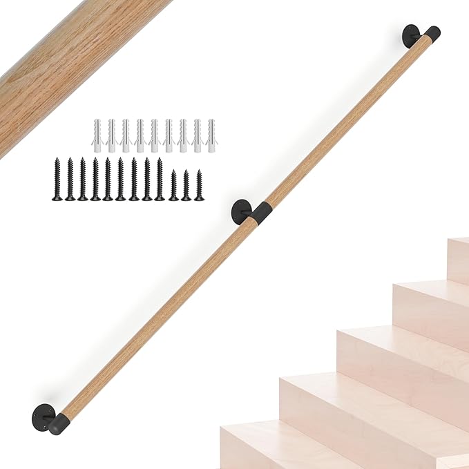 5FT Round Wooden Stair Handrail,Indoor Staircase Handrail,Wall Mount Support Stair Railings, Non-Slip Safety Corridor,Lofts,Patio,Guardrail,Home Wood Hand Railings for Elderly,Children,Disable People