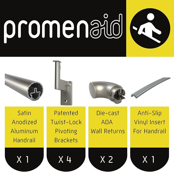 Promenaid 8ft ADA Handrail Kit - Silver - Complete Indoor/Outdoor Handrail for Stairs - 1.6" Round Anodized Aluminum Railing with 4 Silver Painted Pivoting Brackets & ADA Wall Returns